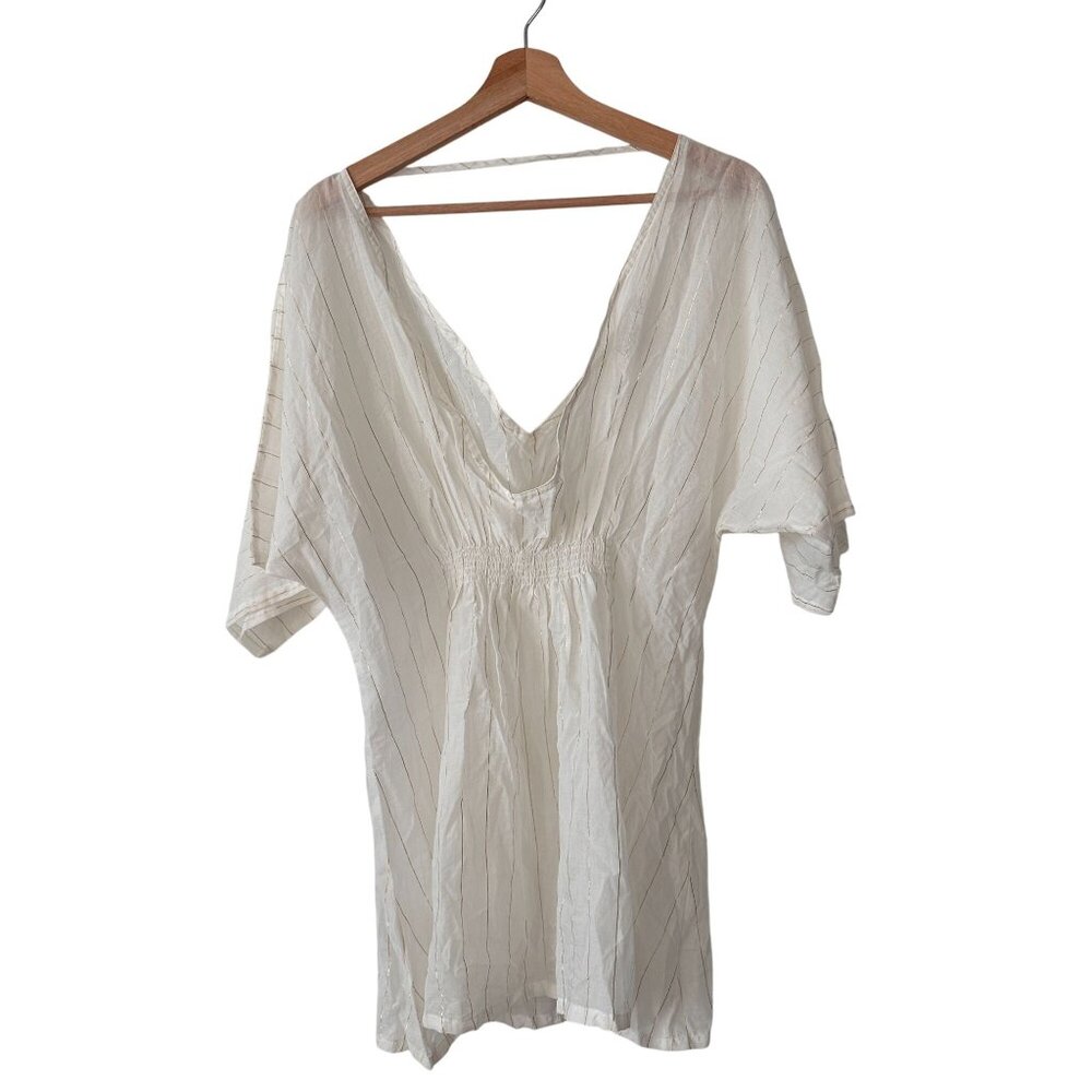 Onia Alessandra Plunging Striped Swim Coverup Dress White Mini Batwing Size S/P